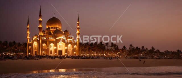 مكان العبادة والتقرب الى الله, الفن الهندسي المعماري المتميز لمسجد بجانب الشاطئ، ديكورات وتصاميم على الطراز الإسلامي، آداء الفرائض والصلوات، القبب والمآذن الفاخرة،
