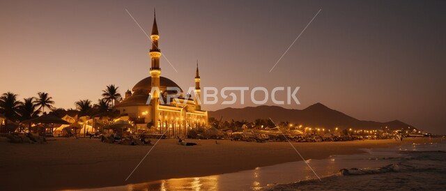 مكان العبادة والتقرب الى الله, الفن الهندسي المعماري المتميز لمسجد بجانب الشاطئ، ديكورات وتصاميم على الطراز الإسلامي، آداء الفرائض والصلوات، القبب والمآذن الفاخرة،