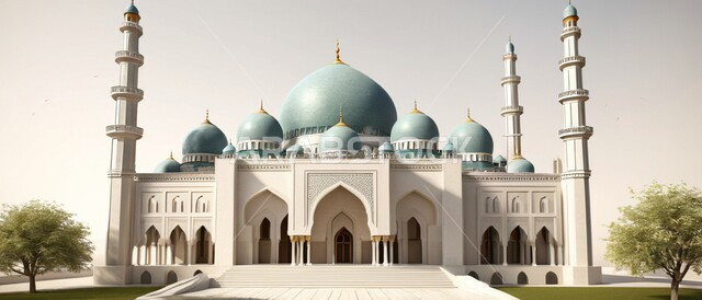 مكان العبادة والصلاة لإحدى المساجد العربية الإسلامية في  الإمارات العربية المتحدة, مكان التقرب من الله تعالى , المآذن والقبب على الطراز الإسلامي العصري ,مكان الطمأنينة والراحة, تجتمع فيه السكينة والروحانية, أشكال وتصاميم ترمز لدين الإسلام, صورة ملونة .