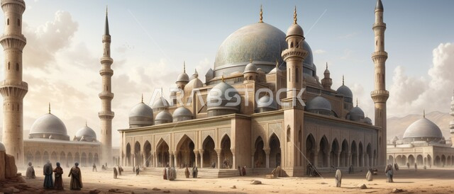 مكان العبادة والصلاة لإحدى المساجد العربية الإسلامية في  الإمارات العربية المتحدة, مكان التقرب من الله تعالى , المآذن والقبب على الطراز الإسلامي العصري ,مكان الطمأنينة والراحة, تجتمع فيه السكينة والروحانية, أشكال وتصاميم ترمز لدين الإسلام, صورة ملونة .