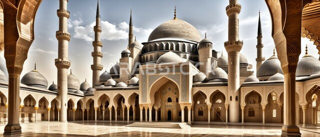 مكان العبادة والصلاة لإحدى المساجد العربية الإسلامية في  الإمارات العربية المتحدة, مكان التقرب من الله تعالى , المآذن والقبب على الطراز الإسلامي العصري ,مكان الطمأنينة والراحة, تجتمع فيه السكينة والروحانية, أشكال وتصاميم ترمز لدين الإسلام, صورة ملونة .