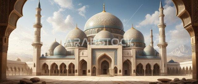 مكان العبادة والصلاة لإحدى المساجد العربية الإسلامية في  الإمارات العربية المتحدة, مكان التقرب من الله تعالى , المآذن والقبب على الطراز الإسلامي العصري ,مكان الطمأنينة والراحة, تجتمع فيه السكينة والروحانية, أشكال وتصاميم ترمز لدين الإسلام, صورة ملونة .