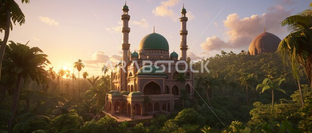 ديكورات وتصاميم اسلامية، المآذن والقبب المزخرفة، تصميم مسجد اسلامي في الأماكن الطبيعية، الفن الهندسي المعماري على الطراز العربي العريق، اماكن للعبادة والطاعه والتقرب الى الله،