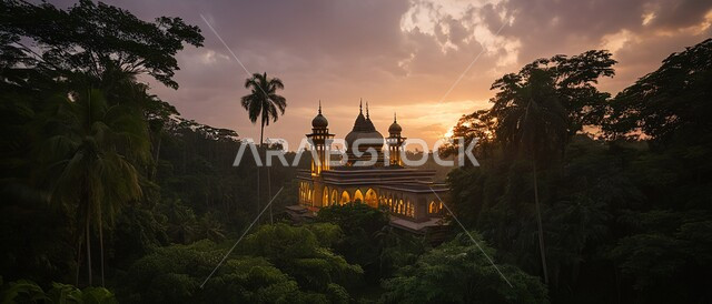 تصاميم اسلامية وديكورات، المآذن والقبب المزخرفة، تصميم مسجد اسلامي في وسط الاشجار والأماكن الطبيعية، الفن الهندسي المعماري على الطراز العربي العريق، اماكن للعبادة والطاعه والتقرب الى الله،