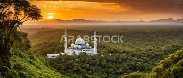 تصاميم اسلامية وديكورات، المآذن والقبب المزخرفة، تصميم مسجد اسلامي في وسط الاشجار والأماكن الطبيعية، الفن الهندسي المعماري على الطراز العربي العريق، أماكن للعبادة والطاعة والتقرب الى الله, خلفية الطبيعة.