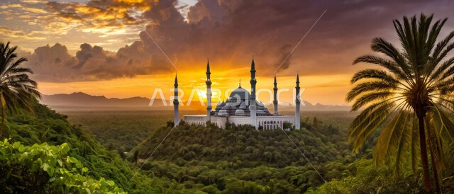 تصاميم اسلامية وديكورات، المآذن والقبب المزخرفة، تصميم مسجد اسلامي في وسط الاشجار والأماكن الطبيعية، الفن الهندسي المعماري على الطراز العربي العريق، أماكن للعبادة والطاعة والتقرب الى الله, خلفية الطبيعة.