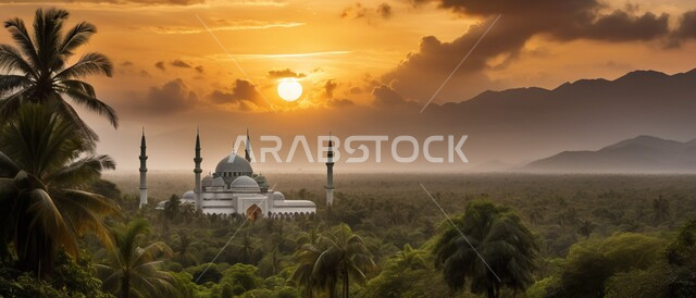 تصاميم اسلامية وديكورات، المآذن والقبب المزخرفة، تصميم مسجد اسلامي في وسط الاشجار والأماكن الطبيعية، الفن الهندسي المعماري على الطراز العربي العريق، أماكن للعبادة والطاعة والتقرب الى الله, خلفية الطبيعة.