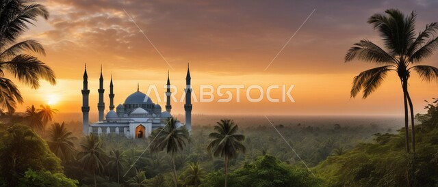 تصاميم اسلامية وديكورات، المآذن والقبب المزخرفة، تصميم مسجد اسلامي في وسط الاشجار والأماكن الطبيعية، الفن الهندسي المعماري على الطراز العربي العريق، اماكن للعبادة والطاعه والتقرب الى الله،