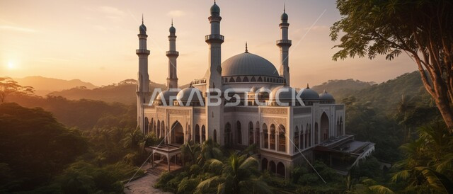 تصاميم اسلامية وديكورات، المآذن والقبب المزخرفة، تصميم مسجد اسلامي في وسط الاشجار والأماكن الطبيعية، الفن الهندسي المعماري على الطراز العربي العريق، اماكن للعبادة والطاعه والتقرب الى الله،