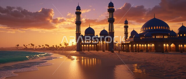 Exterior decorations and designs of a mosque on the seashore at sunset, Islamic holy places, calling Muslims to perform obligatory prayers and prayers, worship and getting closer to God.
