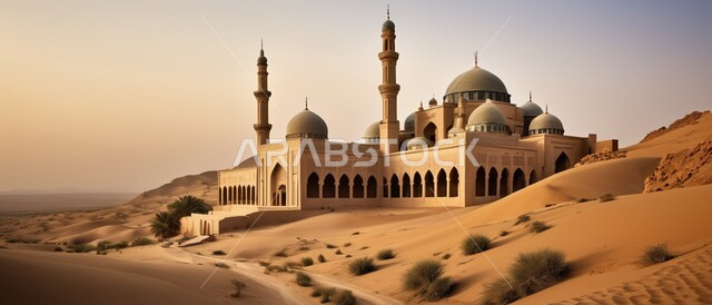 مسجد لدعوة المسلمين للصلاة وأداء الفرائض الدينية, القبب والمآذن شامخة على الطراز الإسلامي, المعالم الدينية الإسلامية المقدسة,  وقت غروب الشمس.