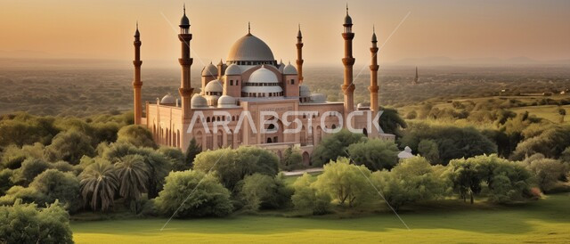 مسجد لدعوة المسلمين للصلاة وأداء الفرائض الدينية, القبب والمآذن شامخة على الطراز الإسلامي, المعالم الدينية الإسلامية في , وقت غروب الشمس, خلفية الطبيعة.