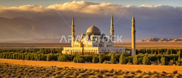 مسجد لدعوة المسلمين للصلاة وأداء الفرائض الدينية, القبب والمآذن شامخة على الطراز الإسلامي, المعالم الدينية الإسلامية في , وقت غروب الشمس, خلفية الطبيعة.