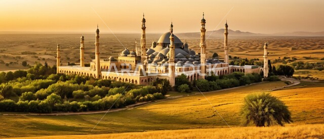 رسوم توضيحية ثلاثية الأبعاد للمآذن والقبب للمساجد الإسلامية وسط الطبيعة, معالم إسلامية دينية, مكان للتقرب من الله تعالى, العبادة وطاعة الله تعالى وإقامة الصلاة, مكان مليء بالطمأنينة والراحة, خلفية المناظر الطبيعية وقت غروب الشمس.