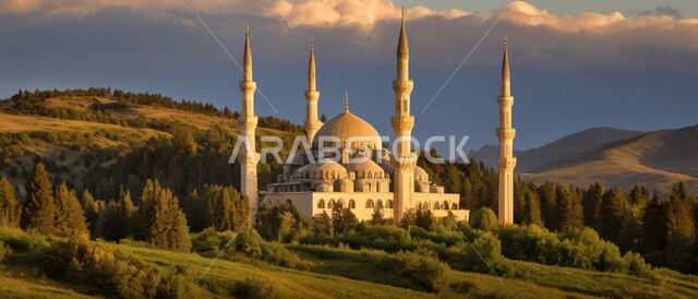 رسوم توضيحية ثلاثية الأبعاد للمآذن والقبب للمساجد الإسلامية وسط الطبيعة, معالم إسلامية دينية, مكان للتقرب من الله تعالى, العبادة وطاعة الله تعالى وإقامة الصلاة, مكان مليء بالطمأنينة والراحة, خلفية المناظر الطبيعية وقت غروب الشمس.