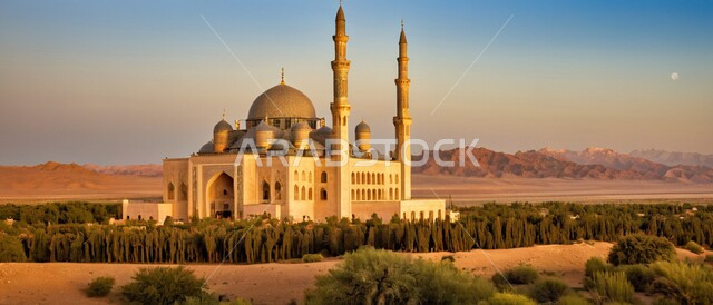 رسوم توضيحية ثلاثية الأبعاد للمآذن والقبب للمساجد الإسلامية وسط الطبيعة, معالم إسلامية دينية, مكان للتقرب من الله تعالى, العبادة وطاعة الله تعالى وإقامة الصلاة, مكان مليء بالطمأنينة والراحة, خلفية المناظر الطبيعية وقت غروب الشمس.