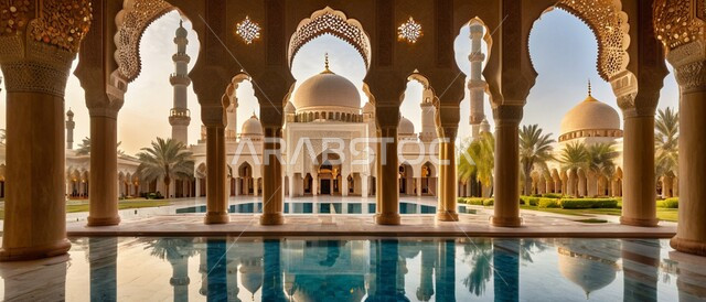 تصاميم وديكورات خارجية لمسجد العربي الإسلامي, زخرفة للأعمدة والأقواس على الطراز العربي الإسلامي, مفهوم للعبادة والتقرب من الله تعالى, مكان للمسلمين تجتمع فيه الروحانية والسكينة, أماكن ومعالم إسلامية مقدسة.