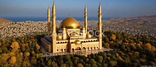 رسوم توضيحية ثلاثية الأبعاد للمآذن والقبب للمساجد الإسلامية وسط الطبيعة, معالم إسلامية دينية, مكان للتقرب من الله تعالى, العبادة وطاعة الله تعالى وإقامة الصلاة, مكان مليء بالطمأنينة والراحة, خلفية المناظر الطبيعية وقت غروب الشمس.