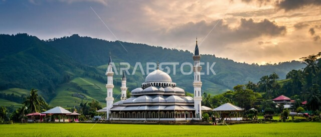 رسوم توضيحية ثلاثية الأبعاد للمآذن والقبب للمساجد الإسلامية وسط الطبيعة, معالم إسلامية دينية, مكان للتقرب من الله تعالى, العبادة وطاعة الله تعالى وإقامة الصلاة, مكان مليء بالطمأنينة والراحة, خلفية المناظر الطبيعية وقت غروب الشمس.