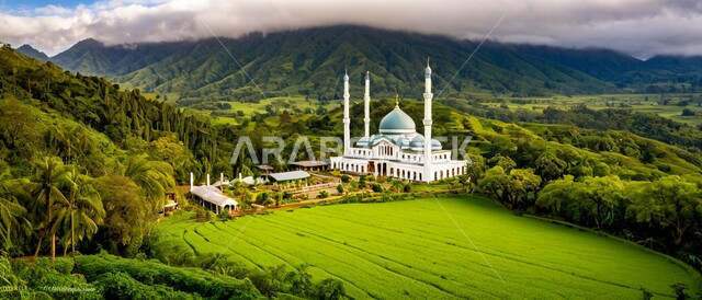 الاستعداد لقدوم شهر الخير, رسوم توضيحية ثلاثية الأبعاد للمآذن والقبب للمساجد الإسلامية وسط الطبيعة, معالم إسلامية دينية, مكان للتقرب من الله تعالى, العبادة وطاعة الله تعالى وإقامة الصلاة, مكان مليء بالطمأنينة والراحة, الاهتمام في زراعة أشجار النخيل الخضراء,, خلفية الطبيعة.