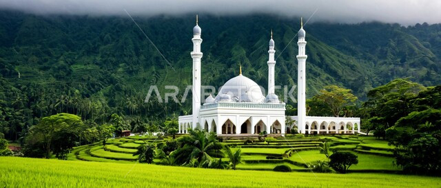 مسجد عريق محاط بالطبيعة, مفهوم العبادة والتقرب من الله تعالى, مسجد عربي إسلامي  مكان لتجمع المسلمين لأداء الفرائض والصلوات, القبب والمآذن شامخة,  مسجد معماري هندسي على الطراز العربي الإسلامي, خلفية الطبيعة.