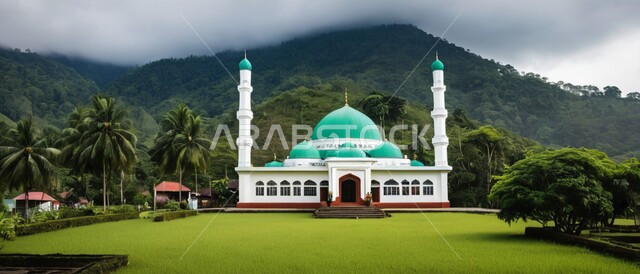 مسجد عريق محاط بالطبيعة, مفهوم العبادة والتقرب من الله تعالى, مسجد عربي إسلامي  مكان لتجمع المسلمين لأداء الفرائض والصلوات, القبب والمآذن شامخة,  مسجد معماري هندسي على الطراز العربي الإسلامي, خلفية الطبيعة.