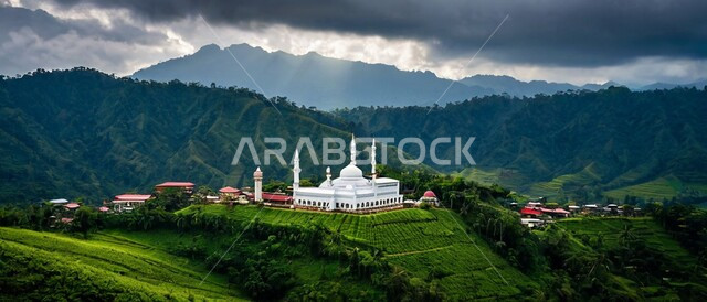 مسجد عريق محاط بالطبيعة, مفهوم العبادة والتقرب من الله تعالى, مسجد عربي إسلامي  مكان لتجمع المسلمين لأداء الفرائض والصلوات, القبب والمآذن شامخة,  مسجد معماري هندسي على الطراز العربي الإسلامي, خلفية الطبيعة.