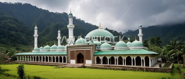 مسجد عريق محاط بالطبيعة, مفهوم العبادة والتقرب من الله تعالى, مسجد عربي إسلامي  مكان لتجمع المسلمين لأداء الفرائض والصلوات, القبب والمآذن شامخة,  مسجد معماري هندسي على الطراز العربي الإسلامي, خلفية الطبيعة.