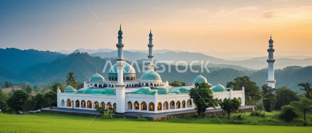 الاستعداد لقدوم شهر الخير, رسوم توضيحية ثلاثية الأبعاد للمآذن والقبب للمساجد الإسلامية وسط الطبيعة, معالم إسلامية دينية, مكان للتقرب من الله تعالى, العبادة وطاعة الله تعالى وإقامة الصلاة, مكان مليء بالطمأنينة والراحة, الاهتمام في زراعة أشجار النخيل الخضراء,, خلفية الطبيعة.