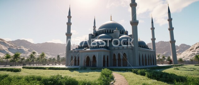 الاستعداد لقدوم شهر الخير, رسوم توضيحية ثلاثية الأبعاد للمآذن والقبب للمساجد الإسلامية وسط الطبيعة, معالم إسلامية دينية, مكان للتقرب من الله تعالى, العبادة وطاعة الله تعالى وإقامة الصلاة, مكان مليء بالطمأنينة والراحة, الاهتمام في زراعة أشجار النخيل الخضراء,, خلفية الطبيعة.