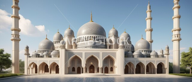 Preparing for the coming of the month of goodness, three-dimensional illustrations of minarets and domes of Islamic mosques in the middle of nature, Islamic religious landmarks, a place to get closer to God Almighty, worship and obedience to God Almighty and establishing prayer, a place full of tranquility and comfort, interest in planting green palm trees,, nature background.