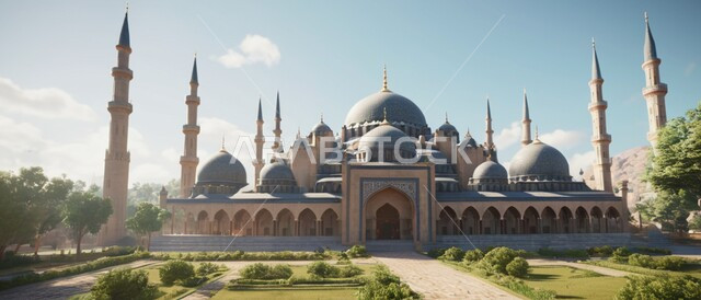 الاستعداد لقدوم شهر الخير, رسوم توضيحية ثلاثية الأبعاد للمآذن والقبب للمساجد الإسلامية وسط الطبيعة, معالم إسلامية دينية, مكان للتقرب من الله تعالى, العبادة وطاعة الله تعالى وإقامة الصلاة, مكان مليء بالطمأنينة والراحة, الاهتمام في زراعة أشجار النخيل الخضراء,, خلفية الطبيعة.