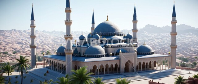 الاستعداد لقدوم شهر الخير, رسوم توضيحية ثلاثية الأبعاد للمآذن والقبب للمساجد الإسلامية وسط الطبيعة, معالم إسلامية دينية, مكان للتقرب من الله تعالى, العبادة وطاعة الله تعالى وإقامة الصلاة, مكان مليء بالطمأنينة والراحة, الاهتمام في زراعة أشجار النخيل الخضراء,, خلفية الطبيعة.