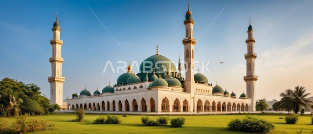 الاستعداد لقدوم شهر الخير, رسوم توضيحية ثلاثية الأبعاد للمآذن والقبب للمساجد الإسلامية وسط الطبيعة, معالم إسلامية دينية, مكان للتقرب من الله تعالى, العبادة وطاعة الله تعالى وإقامة الصلاة, مكان مليء بالطمأنينة والراحة, الاهتمام في زراعة أشجار النخيل الخضراء,, خلفية الطبيعة.