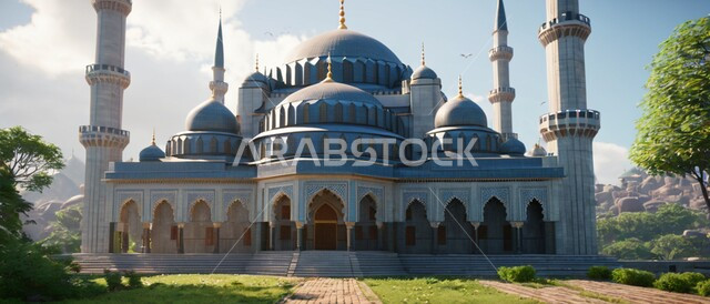 الاستعداد لقدوم شهر الخير, رسوم توضيحية ثلاثية الأبعاد للمآذن والقبب للمساجد الإسلامية وسط الطبيعة, معالم إسلامية دينية, مكان للتقرب من الله تعالى, العبادة وطاعة الله تعالى وإقامة الصلاة, مكان مليء بالطمأنينة والراحة, الاهتمام في زراعة أشجار النخيل الخضراء,, خلفية الطبيعة.