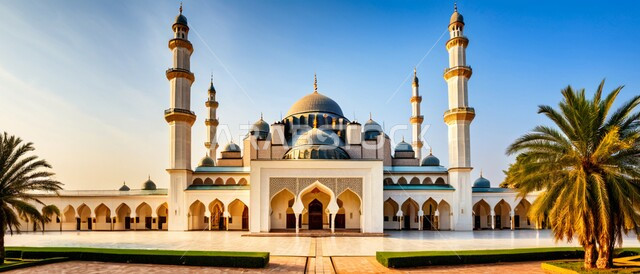 الاستعداد لقدوم شهر الخير, رسوم توضيحية ثلاثية الأبعاد للمآذن والقبب للمساجد الإسلامية وسط الطبيعة, معالم إسلامية دينية, مكان للتقرب من الله تعالى, العبادة وطاعة الله تعالى وإقامة الصلاة, مكان مليء بالطمأنينة والراحة, الاهتمام في زراعة أشجار النخيل الخضراء,, خلفية الطبيعة.