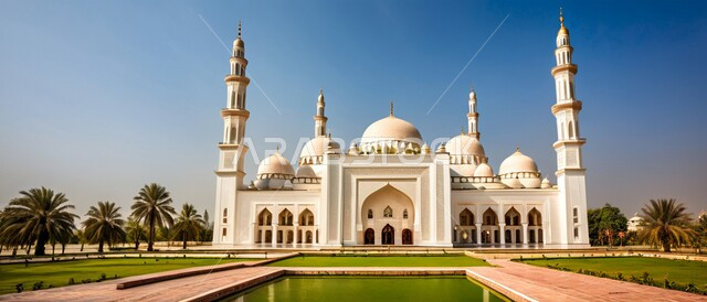 رسوم توضيحية ثلاثية الأبعاد للمآذن والقبب للمساجد الإسلامية وسط الطبيعة, معالم إسلامية دينية, مكان للتقرب من الله تعالى, العبادة وطاعة الله تعالى وإقامة الصلاة, مكان مليء بالطمأنينة والراحة, خلفية المناظر الطبيعية وقت غروب الشمس.