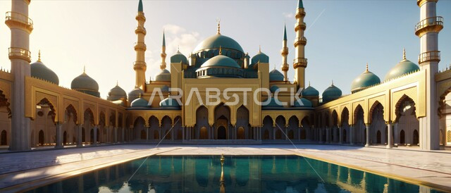 رسوم توضيحية ثلاثية الأبعاد للمآذن والقبب للمساجد الإسلامية وسط الطبيعة, معالم إسلامية دينية, مكان للتقرب من الله تعالى, العبادة وطاعة الله تعالى وإقامة الصلاة, مكان مليء بالطمأنينة والراحة, خلفية المناظر الطبيعية وقت غروب الشمس.