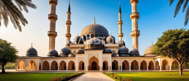 رسوم توضيحية ثلاثية الأبعاد للمآذن والقبب للمساجد الإسلامية وسط الطبيعة, معالم إسلامية دينية, مكان للتقرب من الله تعالى, العبادة وطاعة الله تعالى وإقامة الصلاة, مكان مليء بالطمأنينة والراحة, خلفية المناظر الطبيعية وقت غروب الشمس.