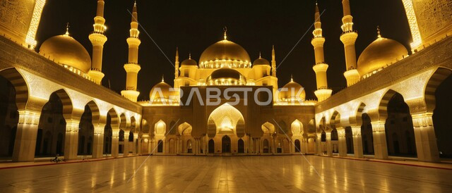 The interior designs of the mosque, a place for Muslims to perform prayers and read the Qur’an, decorations and ornate designs in the Arab-Islamic style, the atmosphere of spirituality and tranquility.