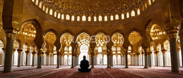صورة من الخلف لرجل عربي يجلس في أحد المساجد لأداء الفرائض الدينية, مفهوم العبادة والتقرب الى الله تعالى,  تصميمات وديكورات داخلية دينية متميزة، الأقواس والأعمدة الحجرية المزخرفة على الطراز الحديث الإسلامي.