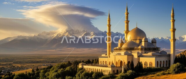 رسوم توضيحية ثلاثية الأبعاد للمآذن والقبب للمساجد الإسلامية وسط الطبيعة, معالم إسلامية دينية, مكان للتقرب من الله تعالى, العبادة وطاعة الله تعالى وإقامة الصلاة, مكان مليء بالطمأنينة والراحة, خلفية المناظر الطبيعية وقت غروب الشمس.