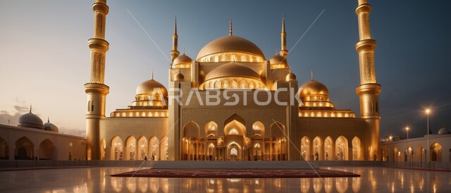 Preparing for the coming of the month of goodness, distinctive decorations and geometric designs in the blessed Ramadan, the concept of worship and getting closer to God Almighty, decorations for holidays and religious occasions, three-dimensional illustrations of minarets and domes of Islamic mosques.