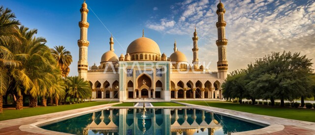 الاستعداد لقدوم شهر الخير, رسوم توضيحية ثلاثية الأبعاد للمآذن والقبب للمساجد الإسلامية وسط الطبيعة, معالم إسلامية دينية, مكان للتقرب من الله تعالى, العبادة وطاعة الله تعالى وإقامة الصلاة, مكان مليء بالطمأنينة والراحة, الاهتمام في زراعة أشجار النخيل الخضراء,, خلفية الطبيعة.