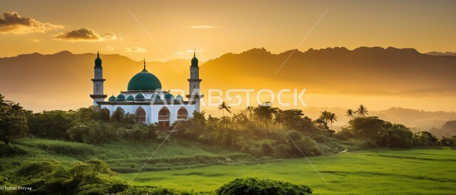رسوم توضيحية ثلاثية الأبعاد للمآذن والقبب للمساجد الإسلامية وسط الطبيعة, معالم إسلامية دينية, مكان للتقرب من الله تعالى, العبادة وطاعة الله تعالى وإقامة الصلاة, مكان مليء بالطمأنينة والراحة, خلفية المناظر الطبيعية وقت غروب الشمس.