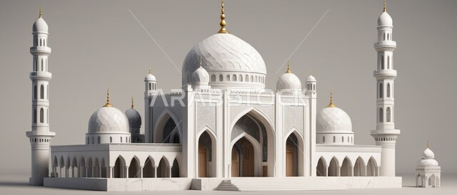 الاستعداد لقدوم شهر الخير, الديكورات والتصاميم الهندسية المميزة في رمضان المبارك, مفهوم العبادة والتقرب من الله تعالى, زينة الأعياد والمناسبات الدينية, رسوم توضيحية ثلاثية الأبعاد للمآذن والقبب للمساجد الإسلامية, خلفية رمادية.