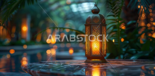 Spiritual atmosphere in the holy days, decorations and lights for celebrations of Islamic religious occasions and holidays, illuminated decorative metal lantern, joy at the arrival of the blessed month of Ramadan, traditional Arabic lights and lamps, preparation for welcoming the holy month
