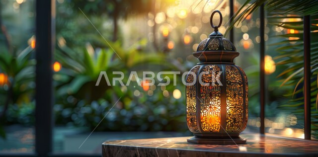 Spiritual atmosphere in the holy days, decorations and lights for celebrations of Islamic religious occasions and holidays, illuminated decorative metal lantern, joy at the arrival of the blessed month of Ramadan, traditional Arabic lights and lamps, preparation for welcoming the holy month
