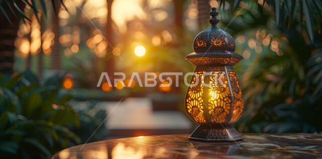 الأجواء الروحانية في الأيام الفضيلة, زينة و ديكورات و أنوار الاحتفالات بالمناسبات و الأعياد الدينية الإسلامية, فانوس معدني مزخرف مضيء, البهجة بقدوم رمضان المبارك, أضواء و مصابيح عربية تقليدية, الاستعداد لاستقبال الشهر الفضيل