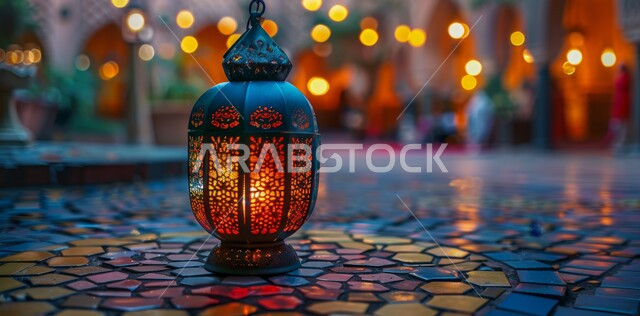 Spiritual atmosphere in the holy days, decorations and lights for celebrations of Islamic religious occasions and holidays, illuminated decorative metal lantern, joy at the arrival of the blessed month of Ramadan, traditional Arabic lights and lamps, preparation for welcoming the holy month